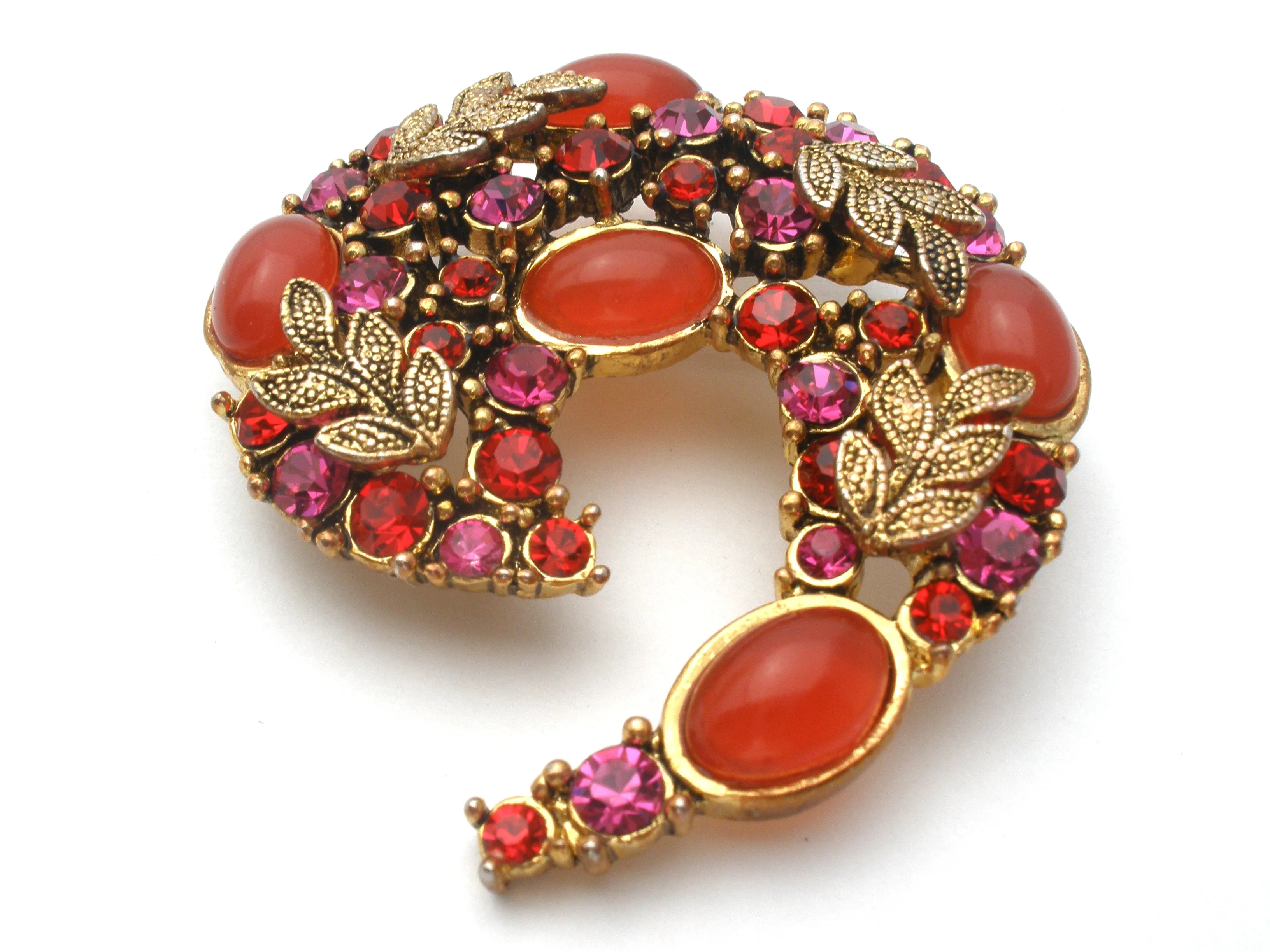 Vintage Brooch With Red Orange and Pink Rhinestones