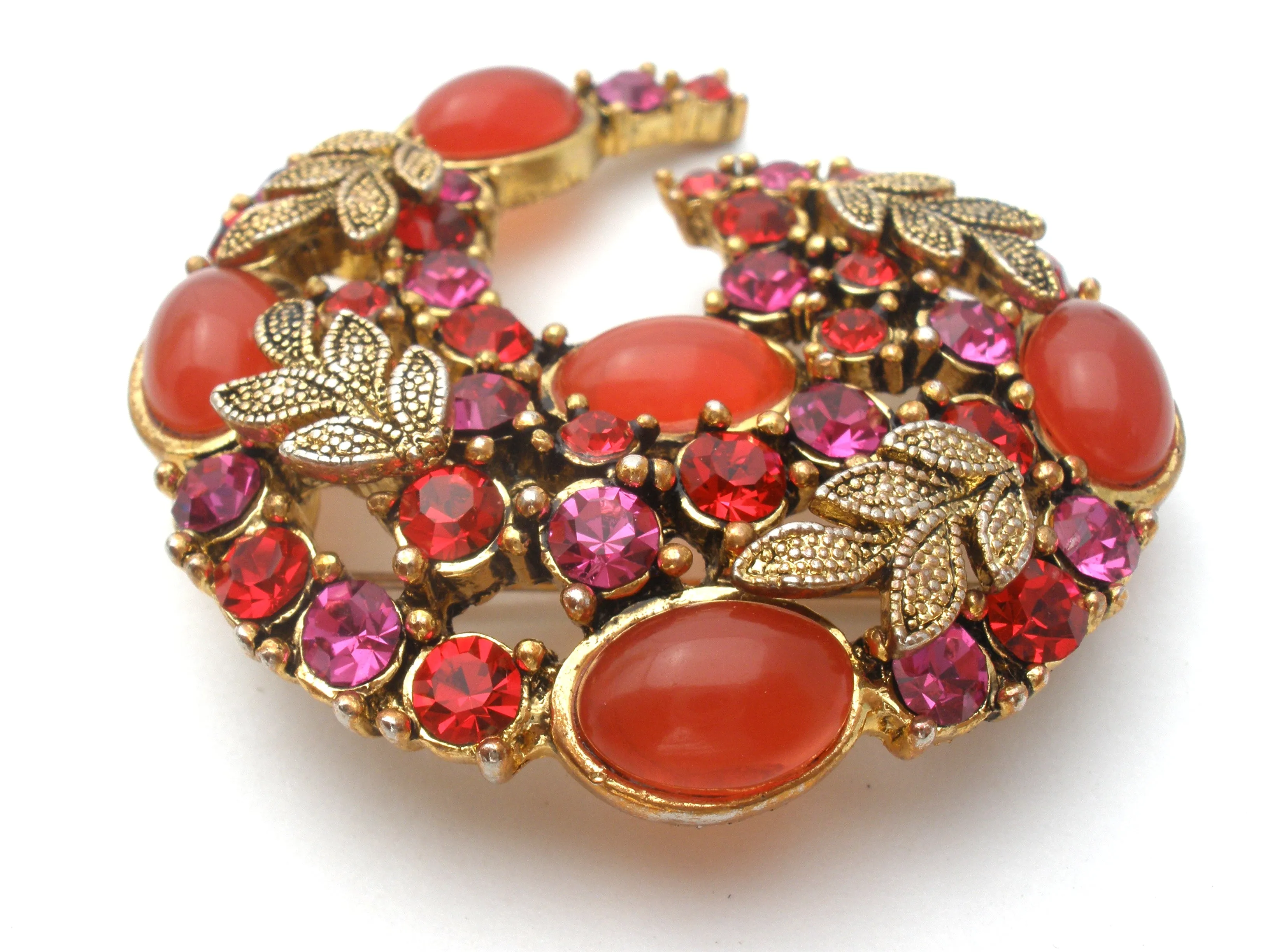 Vintage Brooch With Red Orange and Pink Rhinestones