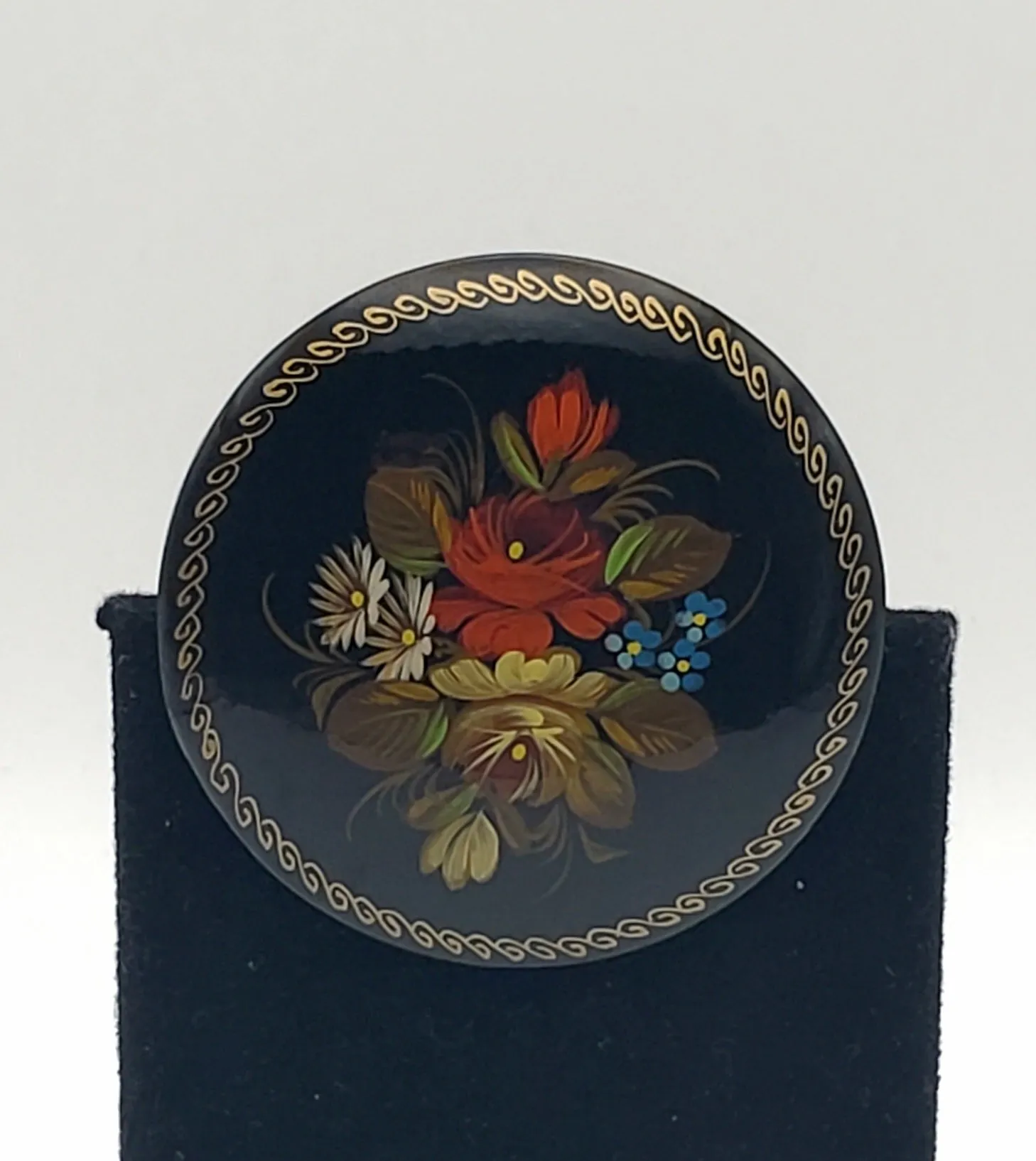 Vintage Hand-Painted Floral Wood Brooch