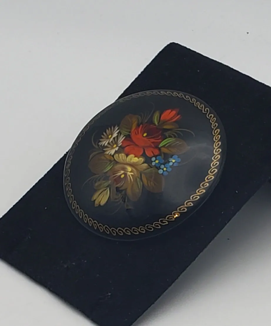 Vintage Hand-Painted Floral Wood Brooch