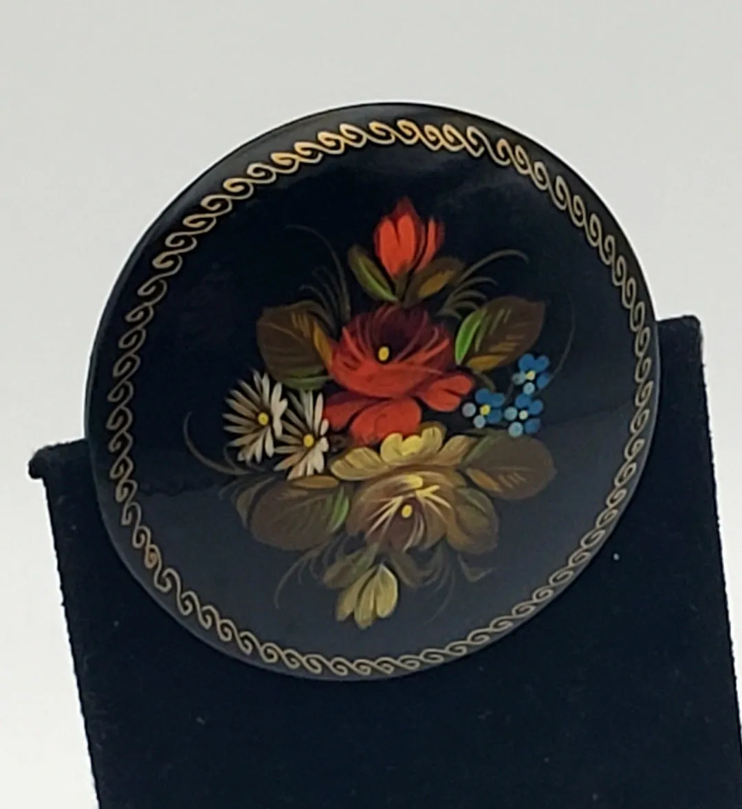 Vintage Hand-Painted Floral Wood Brooch