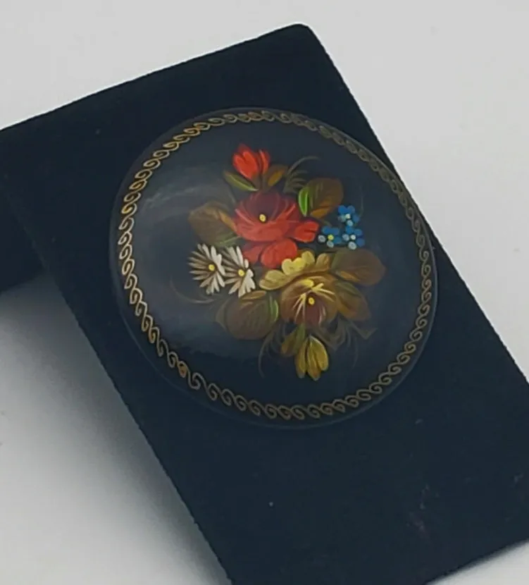 Vintage Hand-Painted Floral Wood Brooch