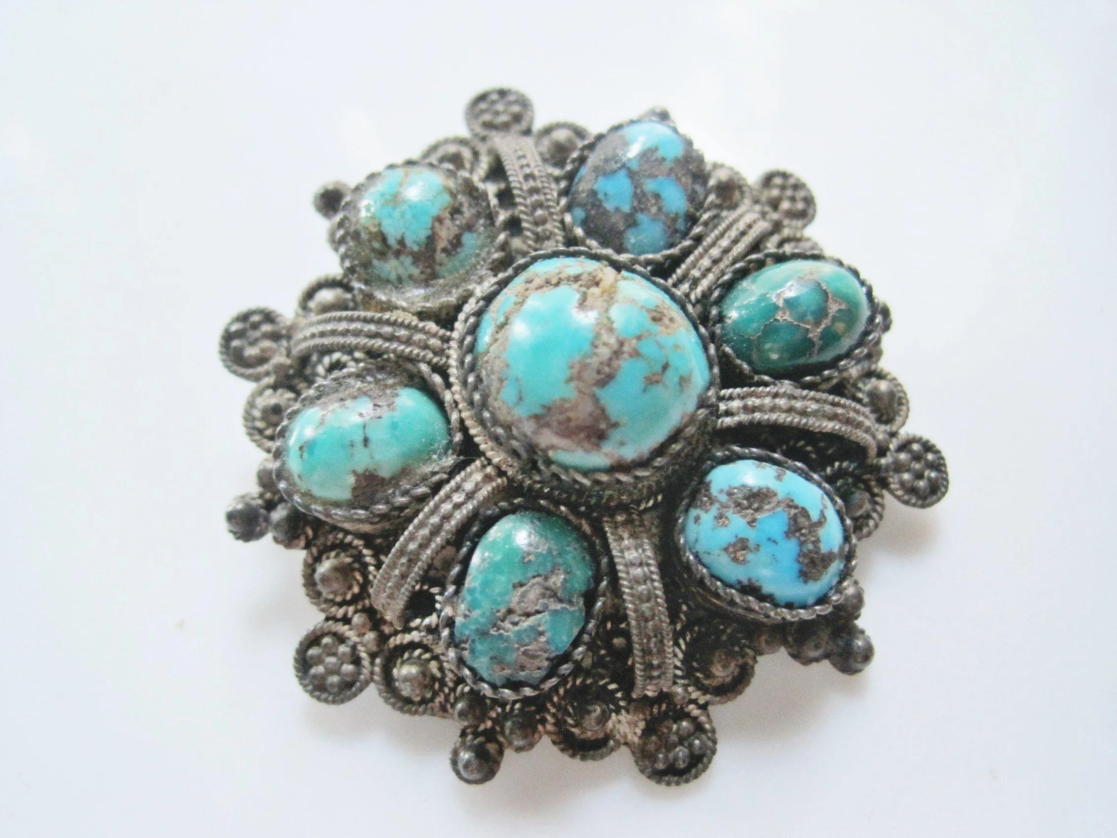 Vintage Natural Turquoise and 935 Silver Brooch and Pendant