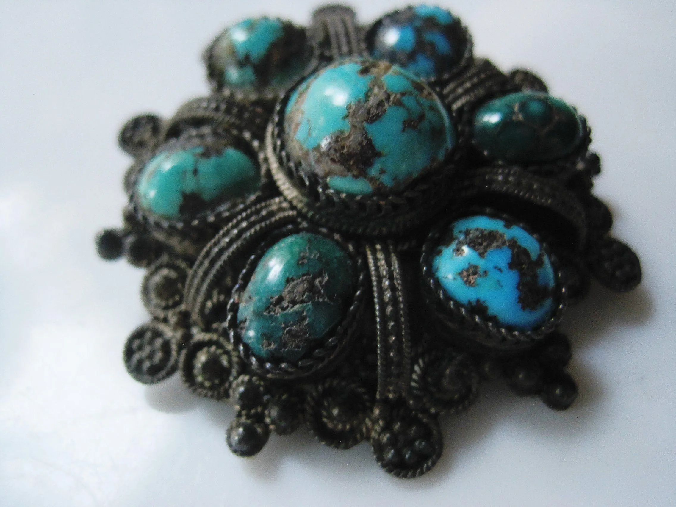 Vintage Natural Turquoise and 935 Silver Brooch and Pendant