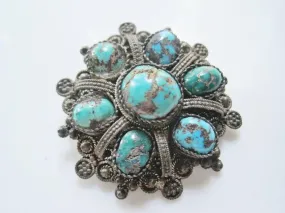 Vintage Natural Turquoise and 935 Silver Brooch and Pendant