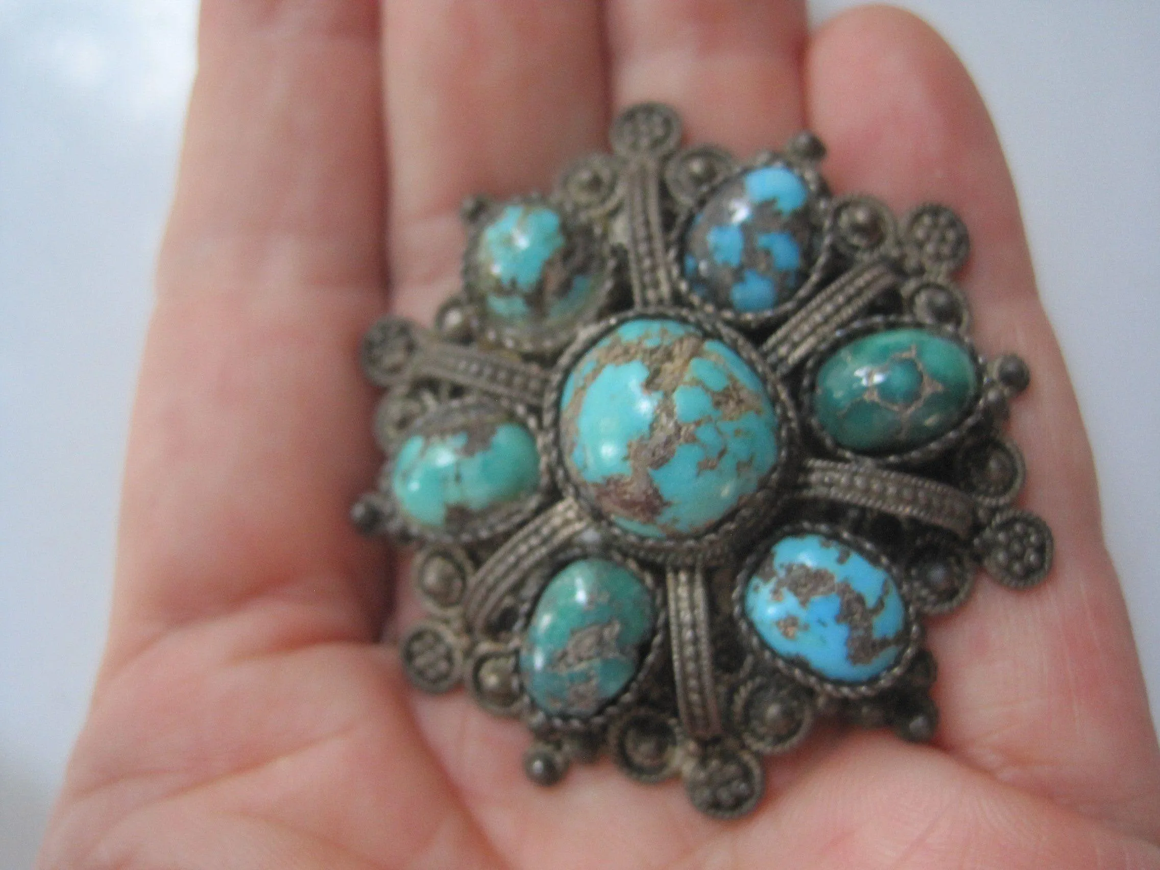 Vintage Natural Turquoise and 935 Silver Brooch and Pendant