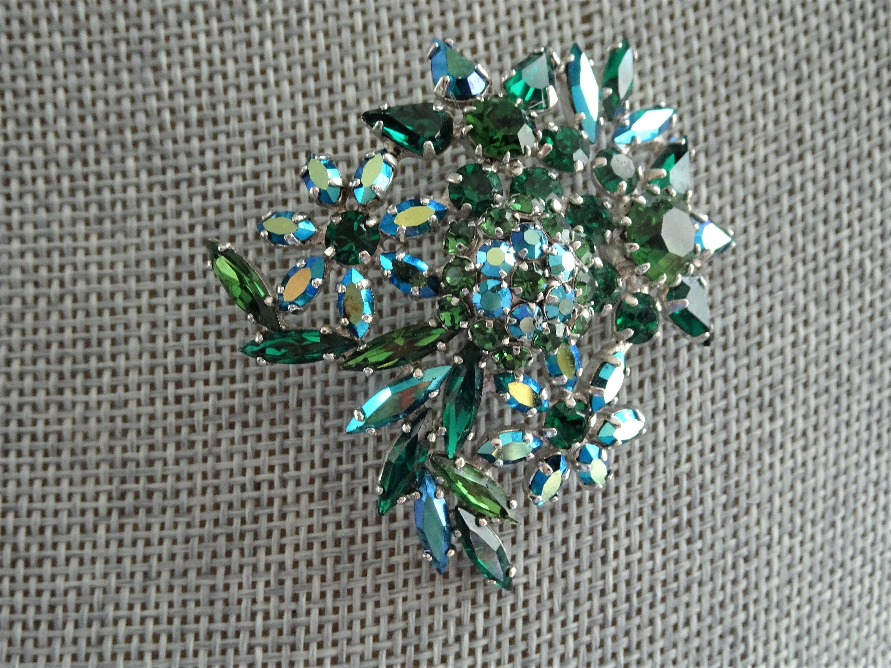 Vintage SHERMAN Signed Green and  AB Rhinestones,Multi Layered Swirl Brooch,Dazzling Swarovski Crystal,Collectible Jewelry,1950s Brooches