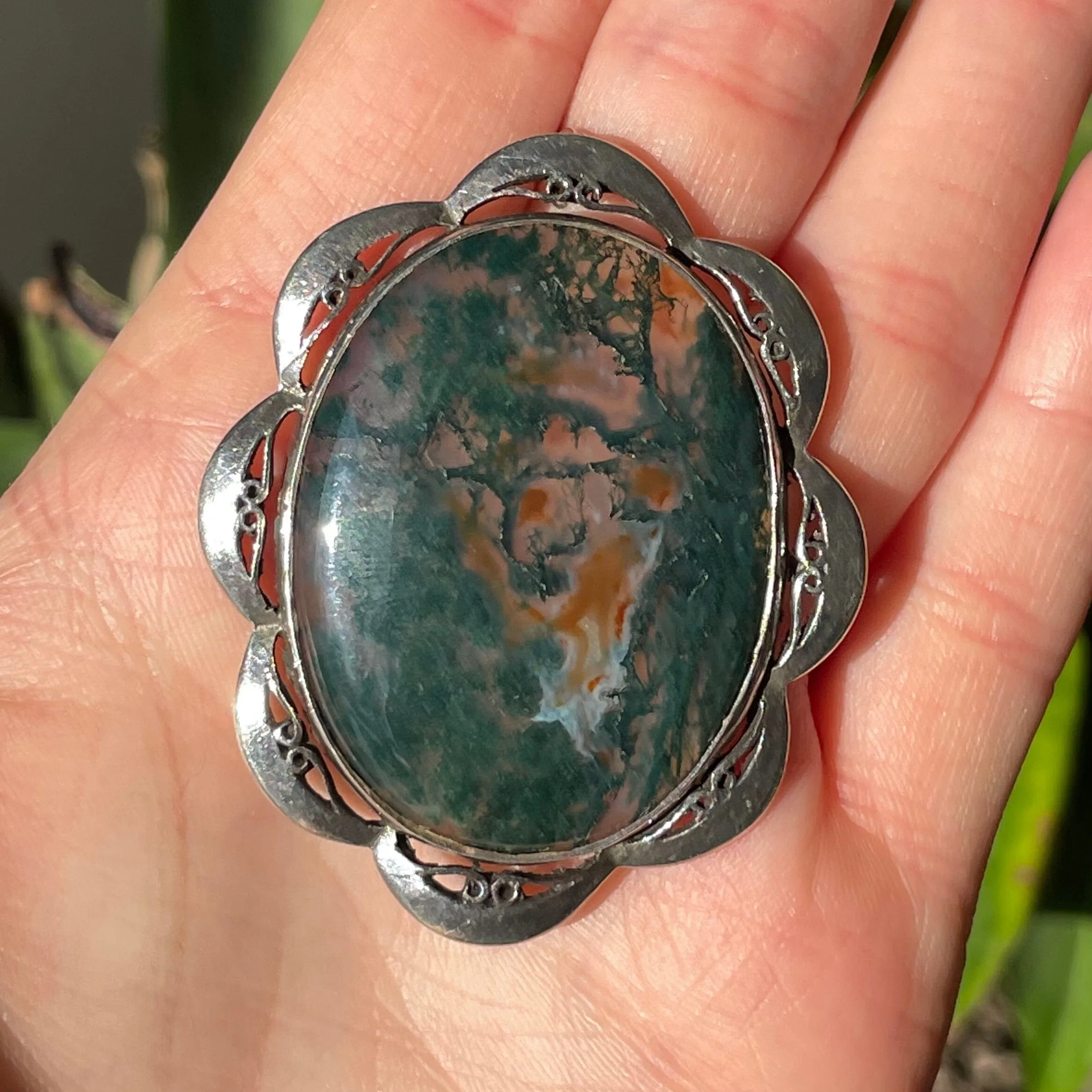 Vintage Silver Scottish Moss Agate Brooch