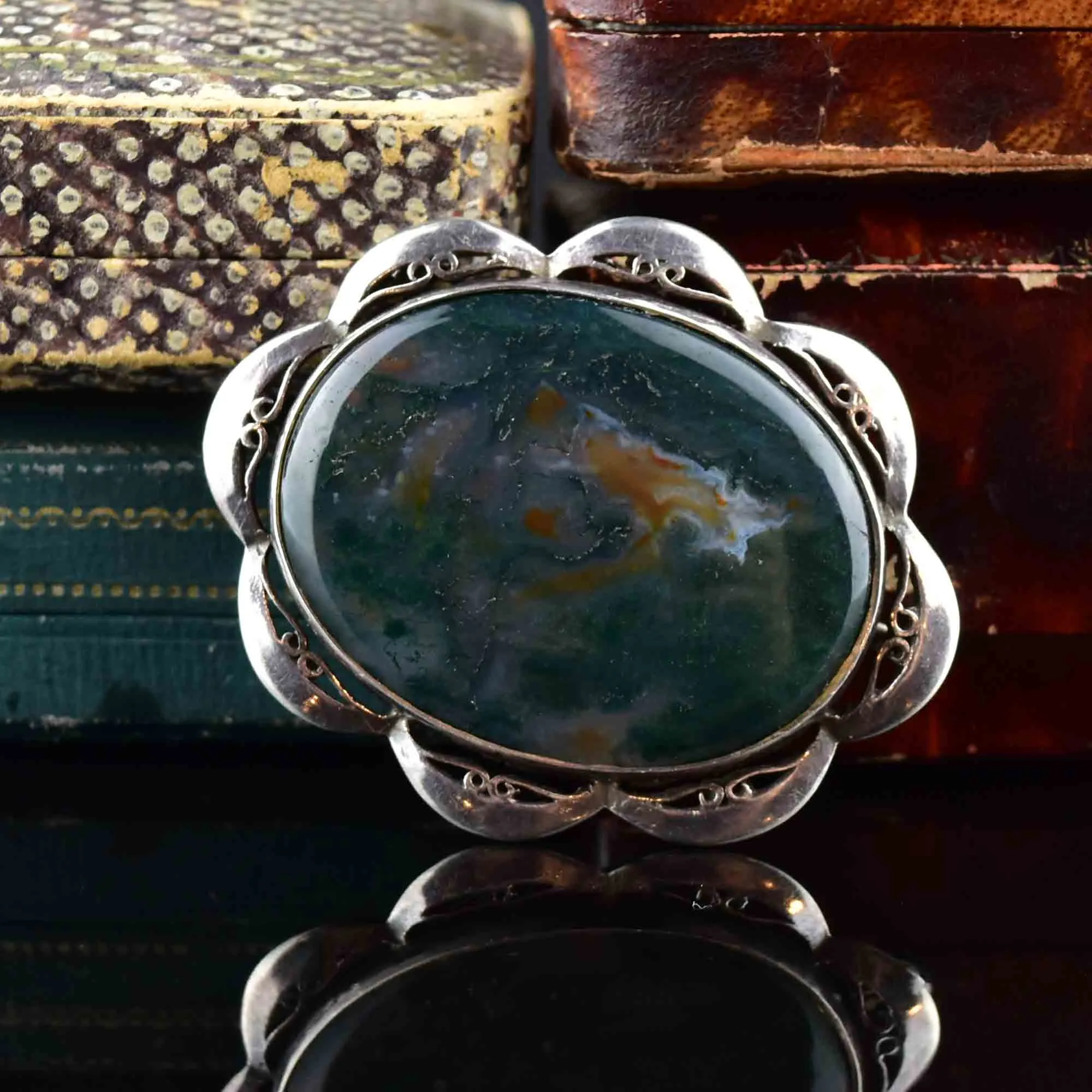 Vintage Silver Scottish Moss Agate Brooch