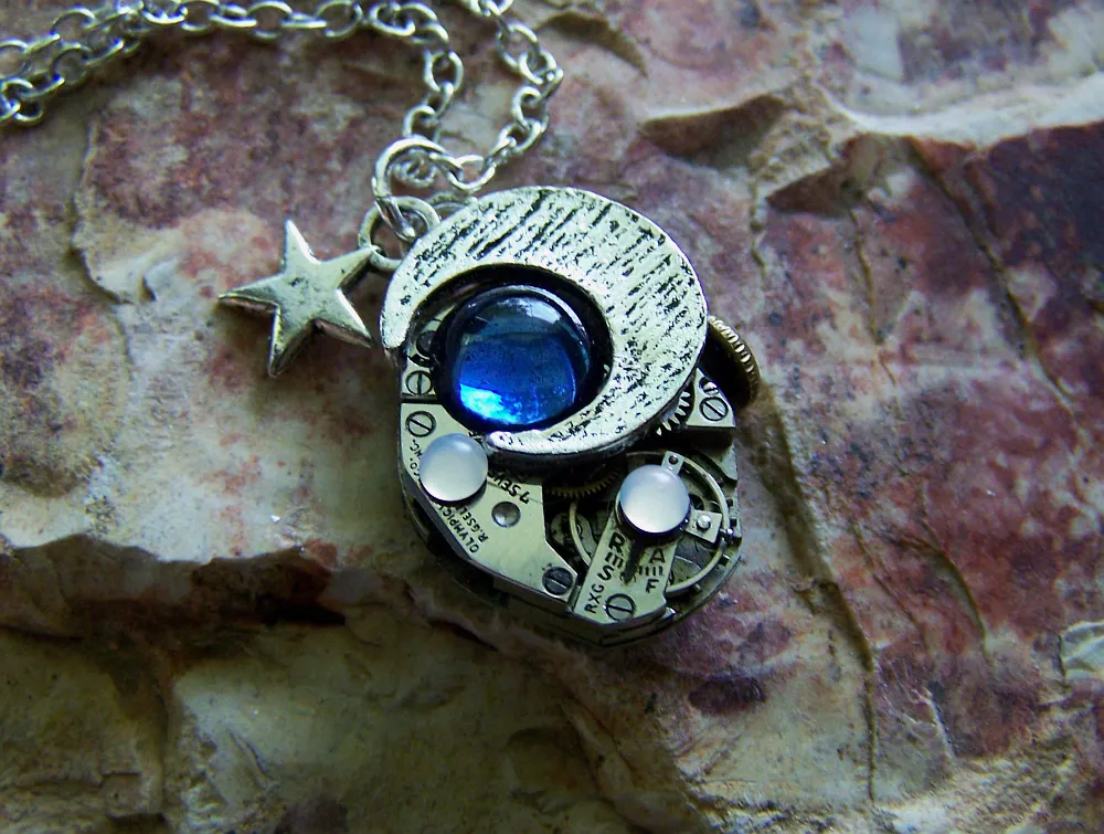 Vintage Watchworks Blue Moon and Stars Steampunk Pendant