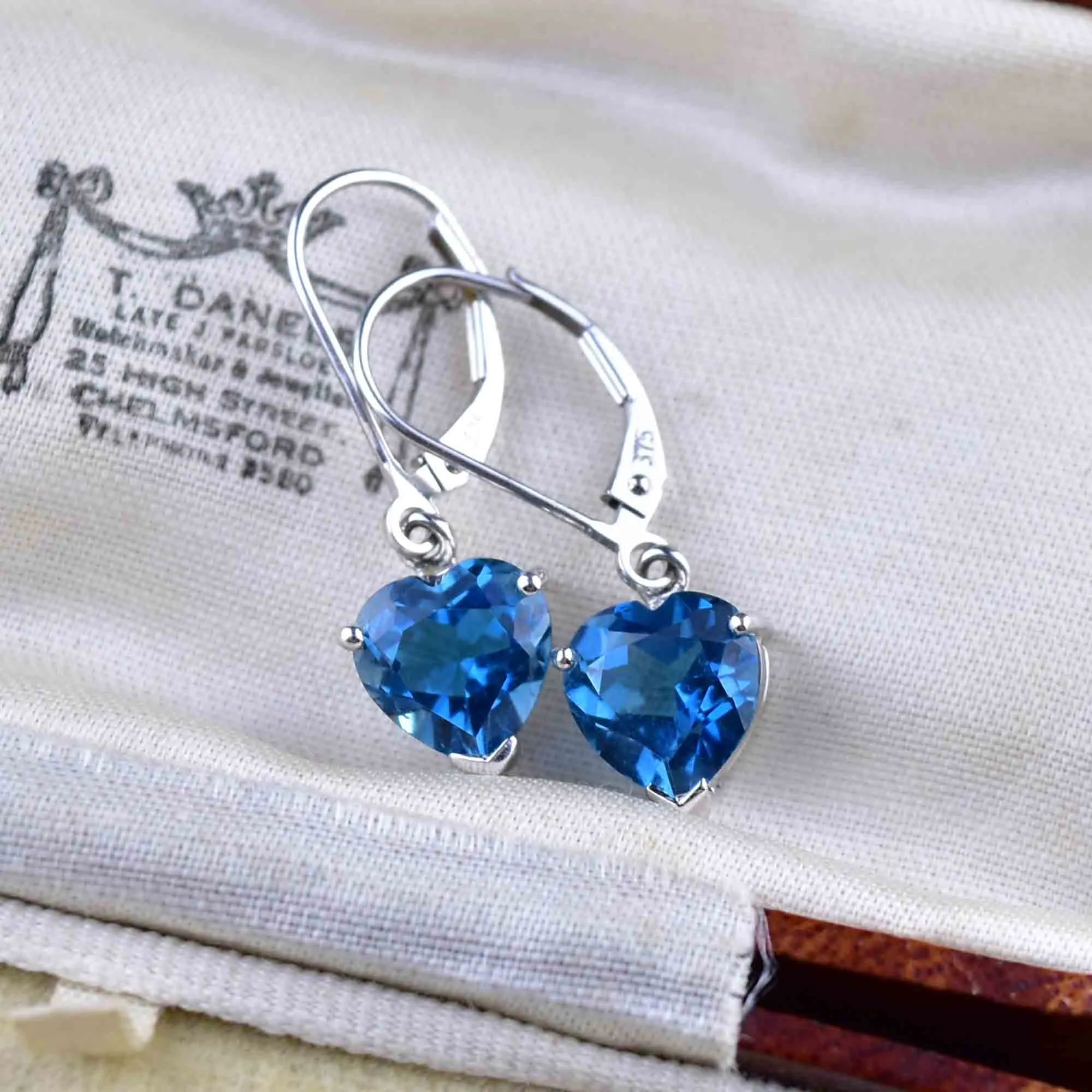 Vintage White Gold Blue Topaz Heart Earrings