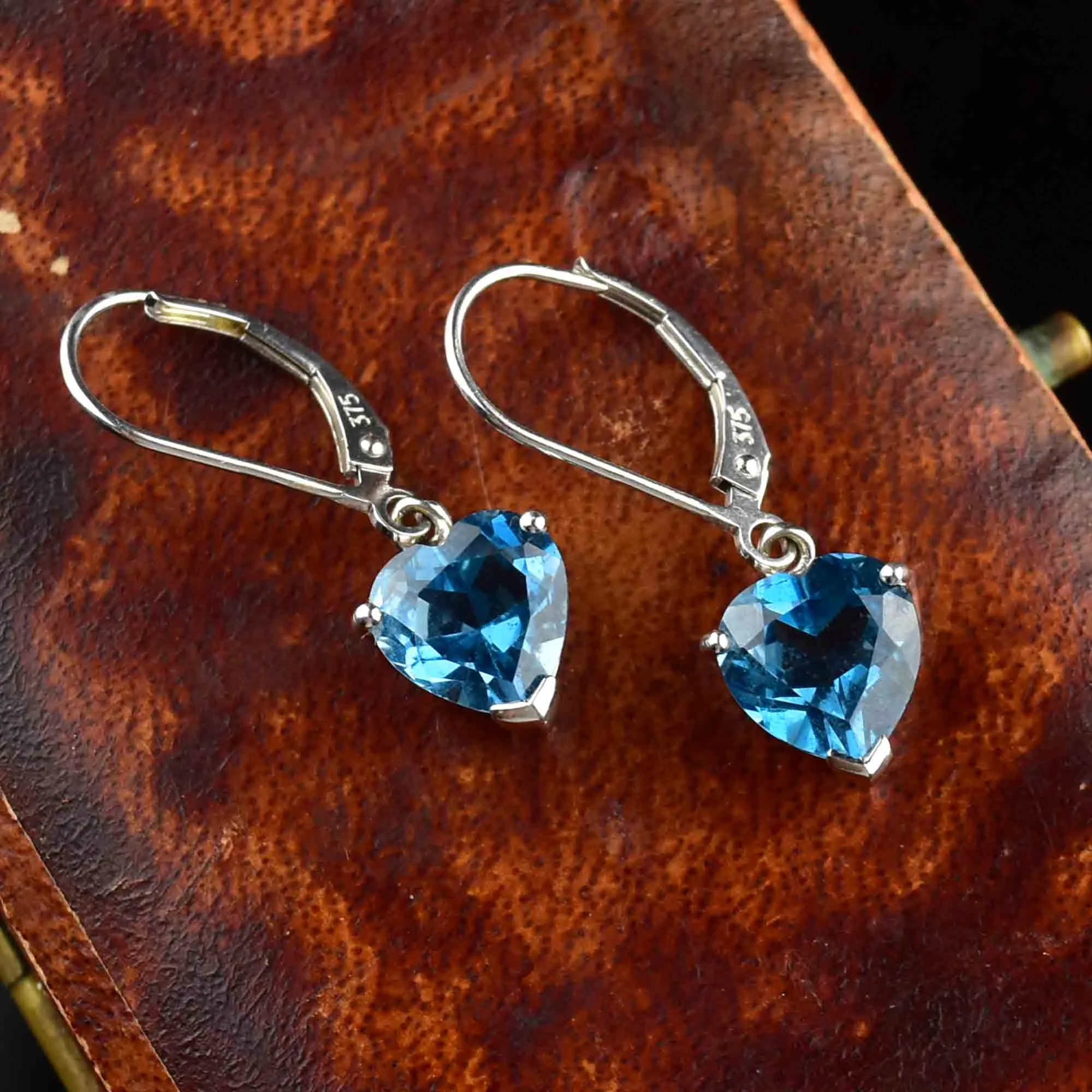 Vintage White Gold Blue Topaz Heart Earrings