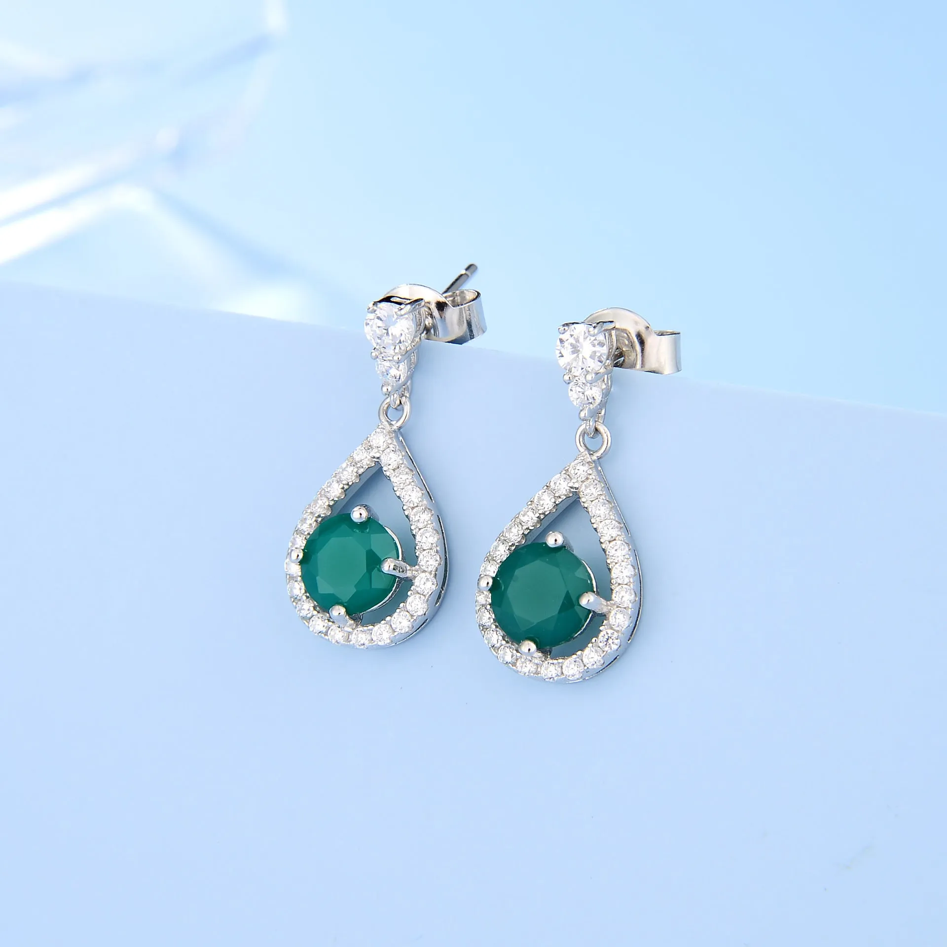 Water Drop Round Cut Natural Gemstone Silver Drop Earrings