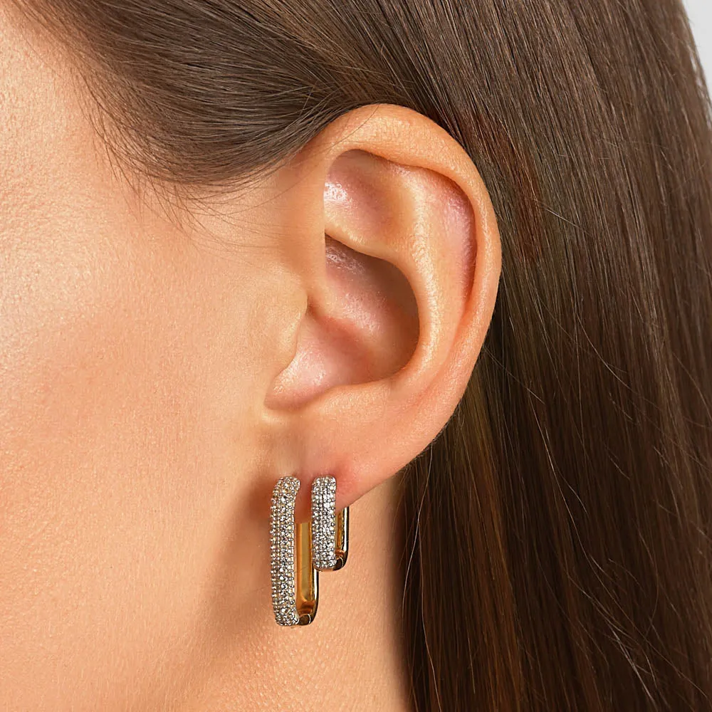 White Topaz Midi Pave Paperclip Earrings in Gold