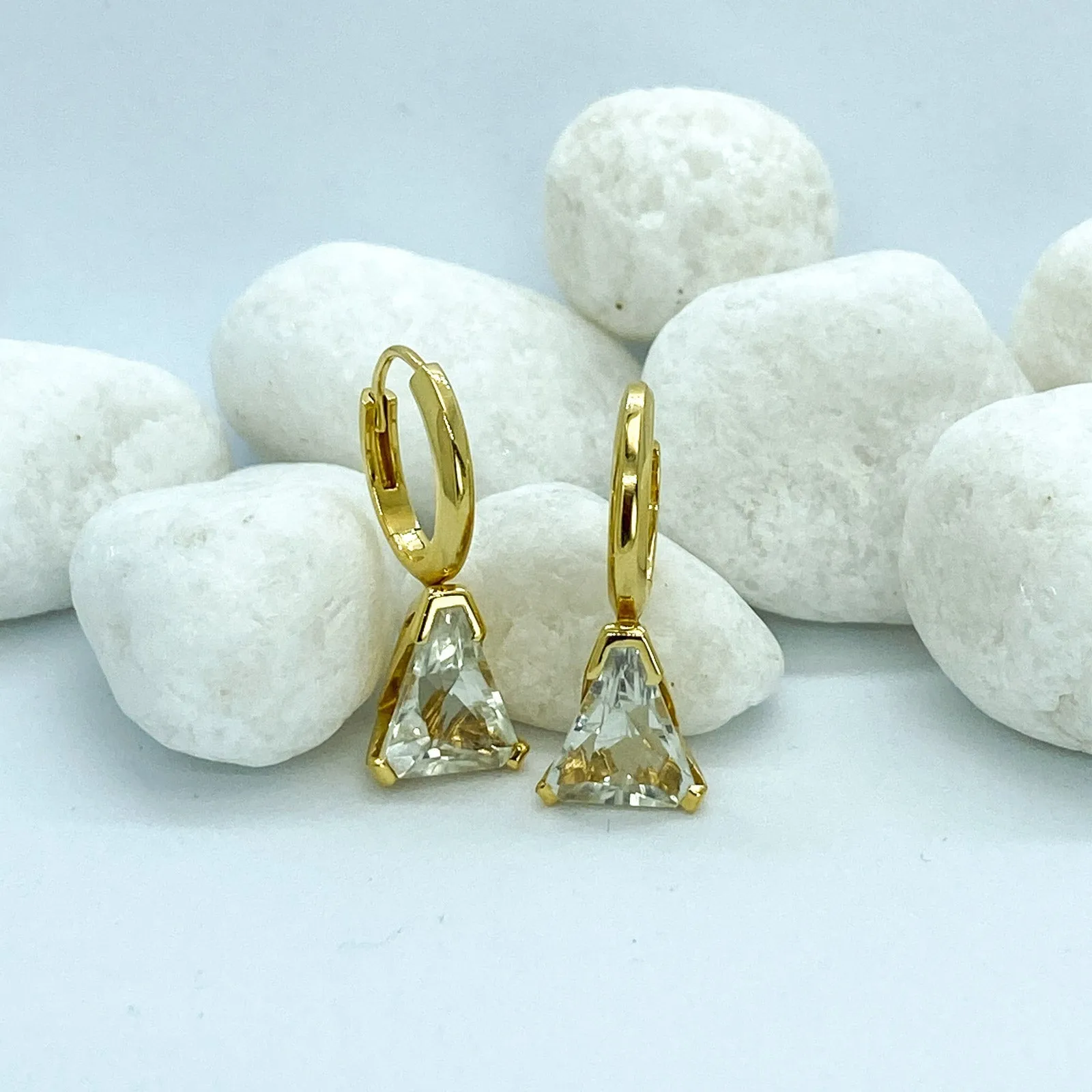 White Topaz Trillion Cut Earrings in Plated Yellow Gold Silver | Stargaze Earrings