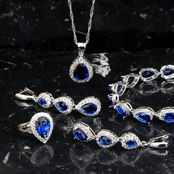 Womens 4 Pc Water Drop Jewelry Set, 925 Sterling Silver Set, Blue and White CZ