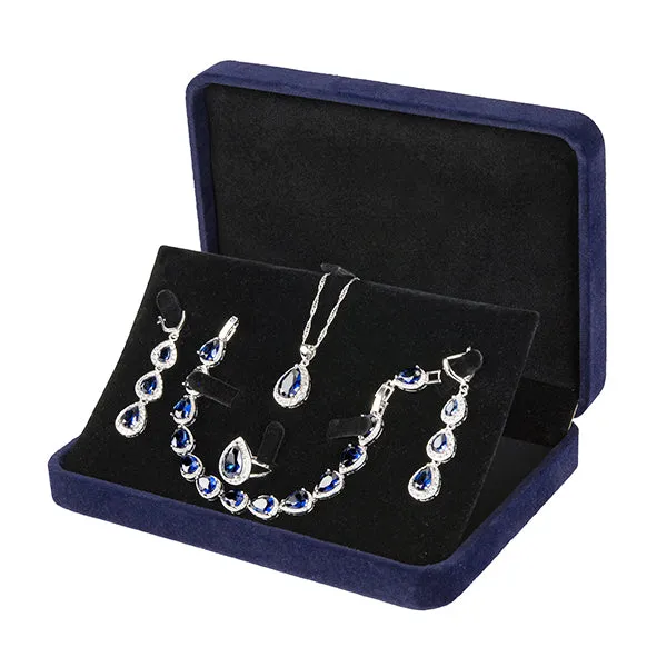 Womens 4 Pc Water Drop Jewelry Set, 925 Sterling Silver Set, Blue and White CZ