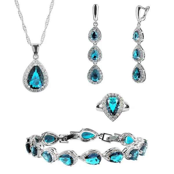 Womens 4 Pc Water Drop Jewelry Set, 925 Sterling Silver Set, Blue and White CZ