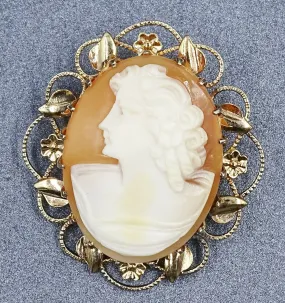 Womens Brooch Gold Plated & Shell Cameo Claw Set Flower & Leaf Vintage