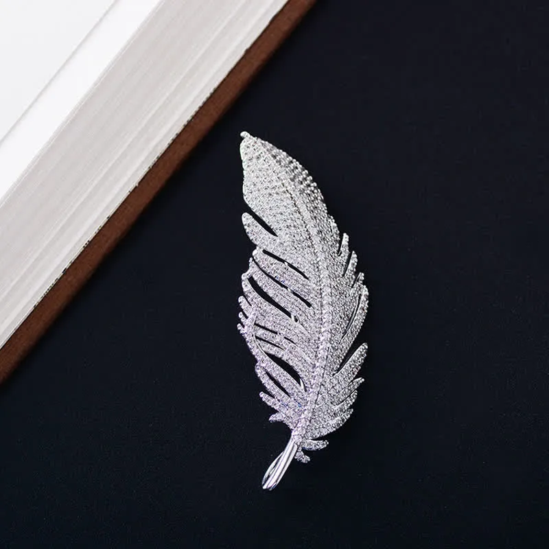 Women's Minimalist Silver Zircon Feather Brooch