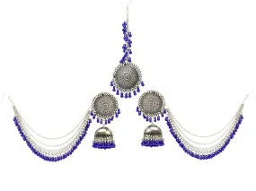 Yellow Chimes German Oxidised Silver Antique Traditional Maang Tikka with Earrings Jewellery Set for Women and Girls (Blue)